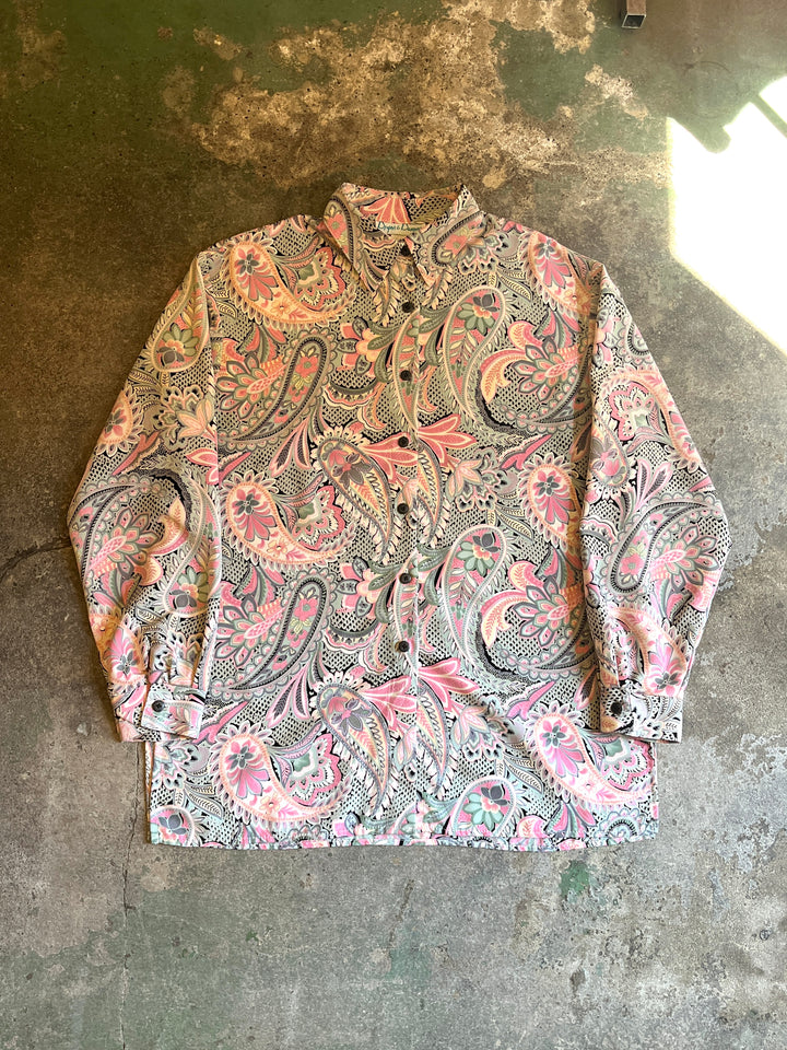1980-90s USA made pink × gray paisley pattern shirt