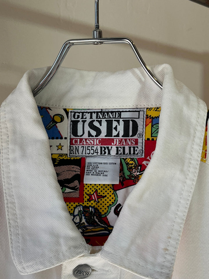 1980s "GET USED BY ELIY" pop art comic panel white denim jacket