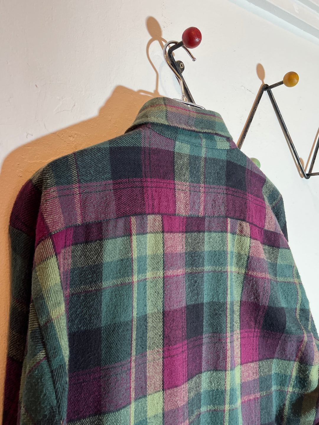 1990s "FIVE BROTHER" deep green × purple checkered flannel shirt