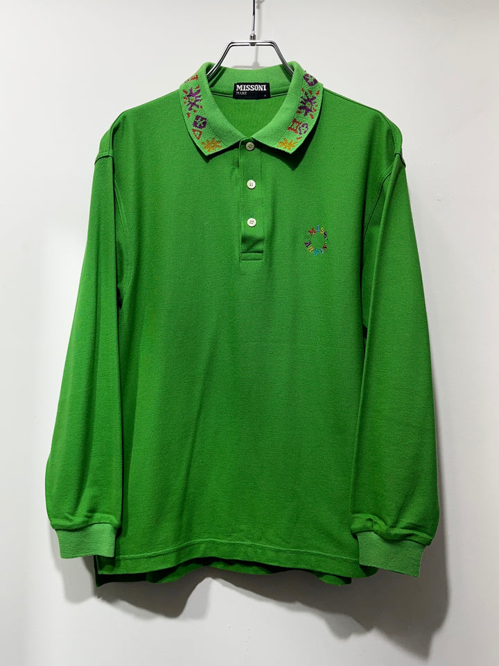 1990s "MISSONI" lime green embroidered collar L/S polo
