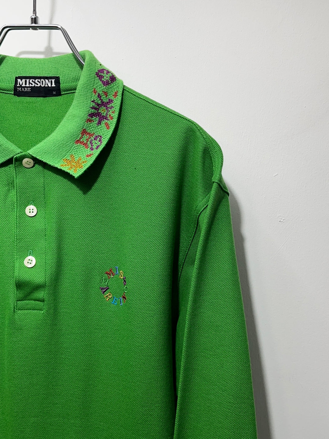 1990s "MISSONI" lime green embroidered collar L/S polo