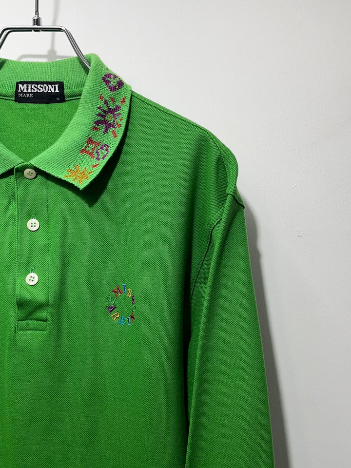 1990s "MISSONI" lime green embroidered collar L/S polo