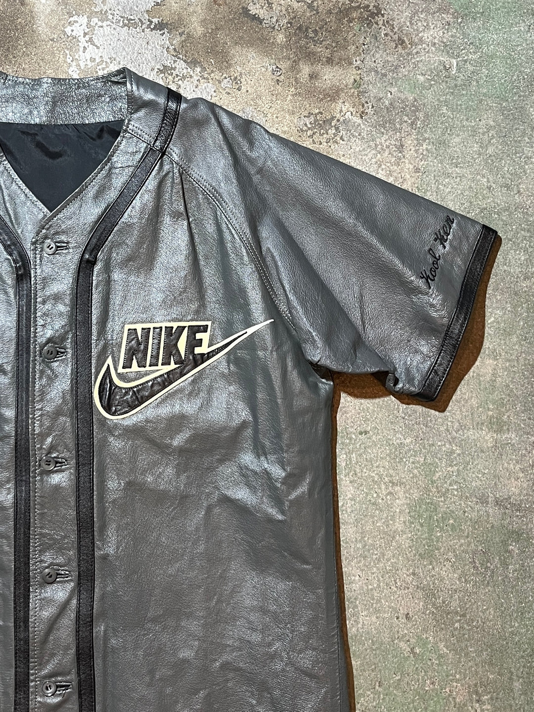 1980s NIKE bootleg charcoal leather baseball shirt