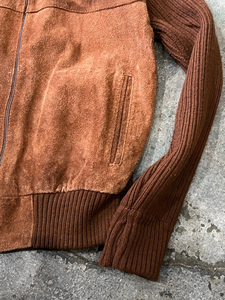 1980-90s cocoa brown suede leather × knitting jacket