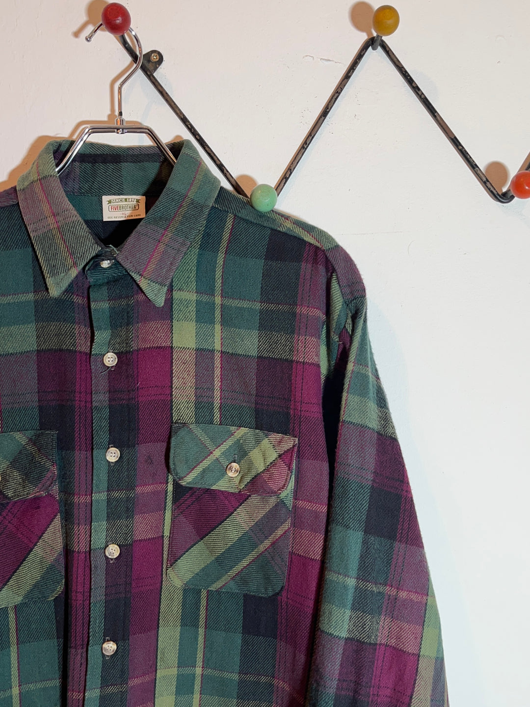 1990s "FIVE BROTHER" deep green × purple checkered flannel shirt