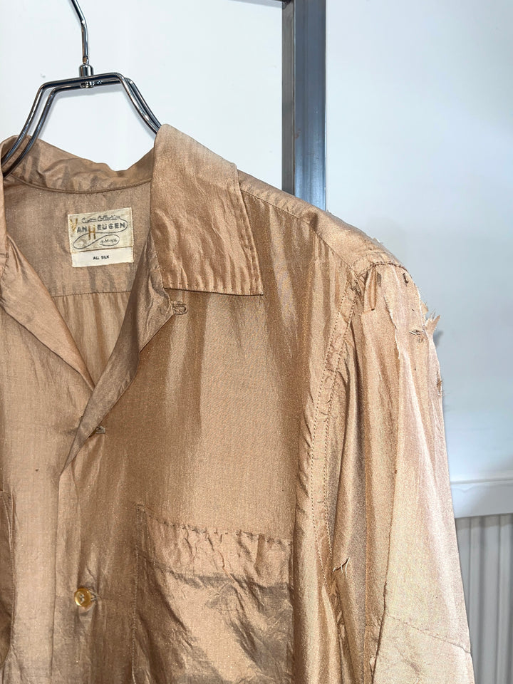 1950-60s "VAN HEUSEN" shiny beige s/s silk shirt -boro-