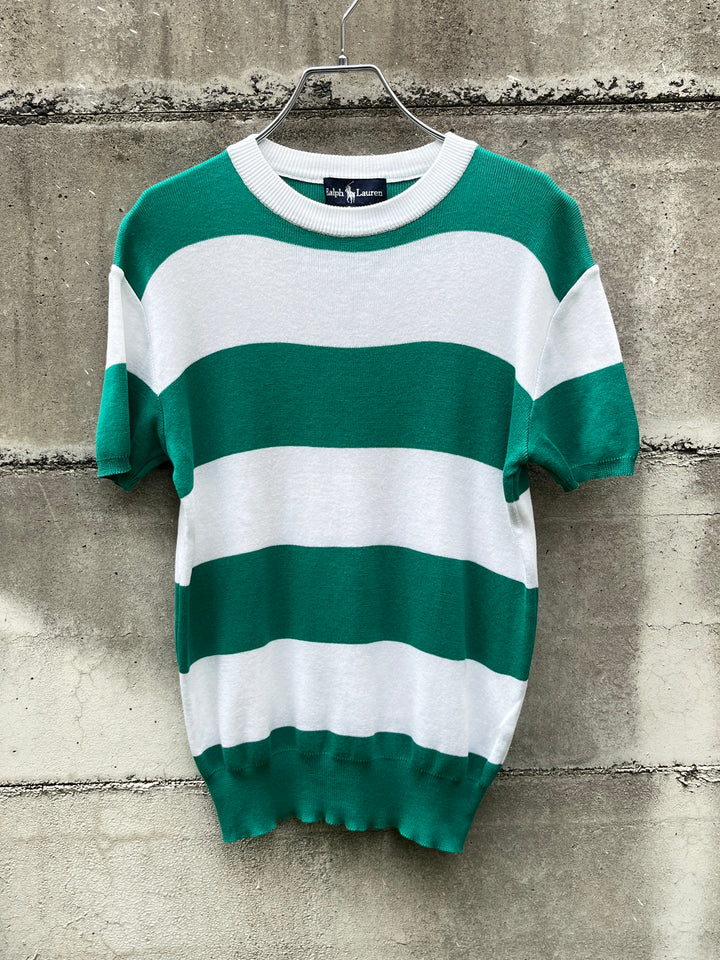 1990-00s "Ralph Lauren" green × white wide striped summer knit