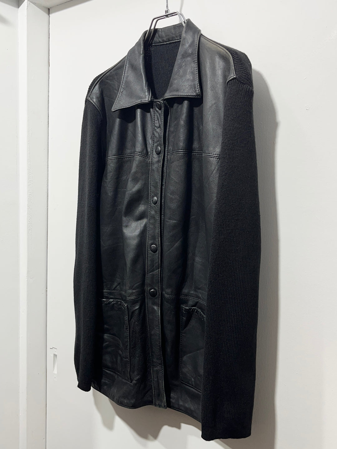 1990-00s black leather × knit switch design jacket