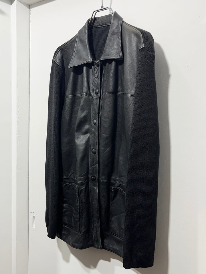 1990-00s black leather × knit switch design jacket