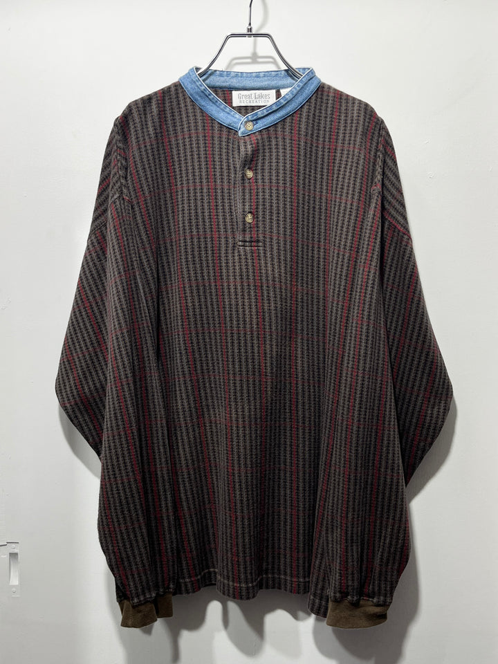 1990s houndstooth band collar pullover shirt