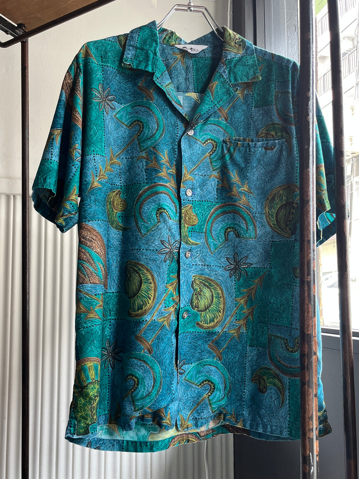 1960-70s all-over pattern s/s open collar shirt