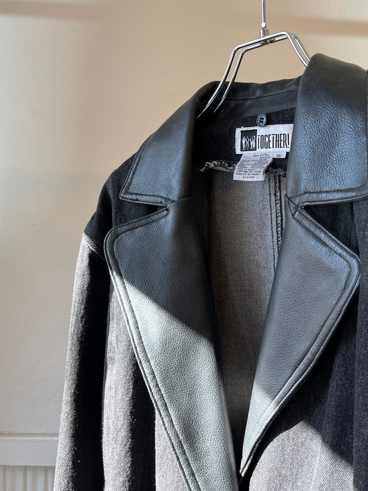 1990s black denim x leather hybrid design coat