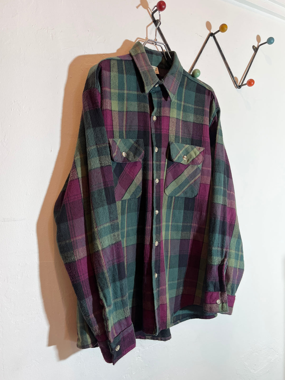 1990s "FIVE BROTHER" deep green × purple checkered flannel shirt