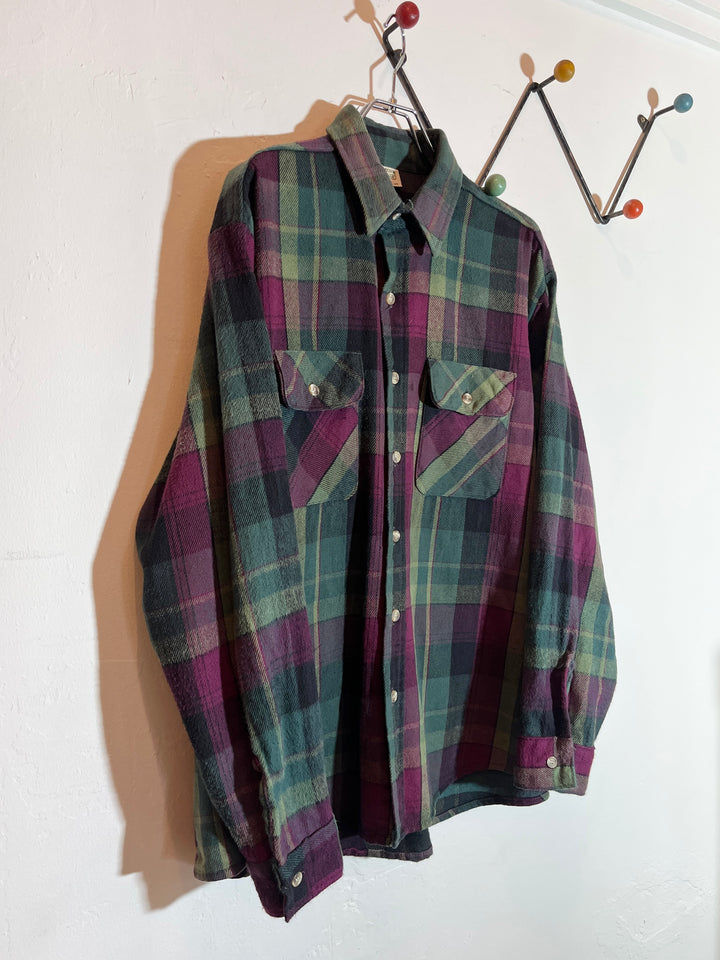 1990s "FIVE BROTHER" deep green × purple checkered flannel shirt