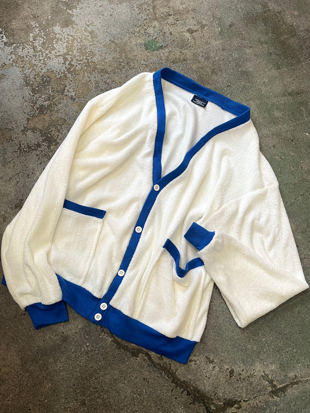 1980-90s white × royal blue terry cardigan