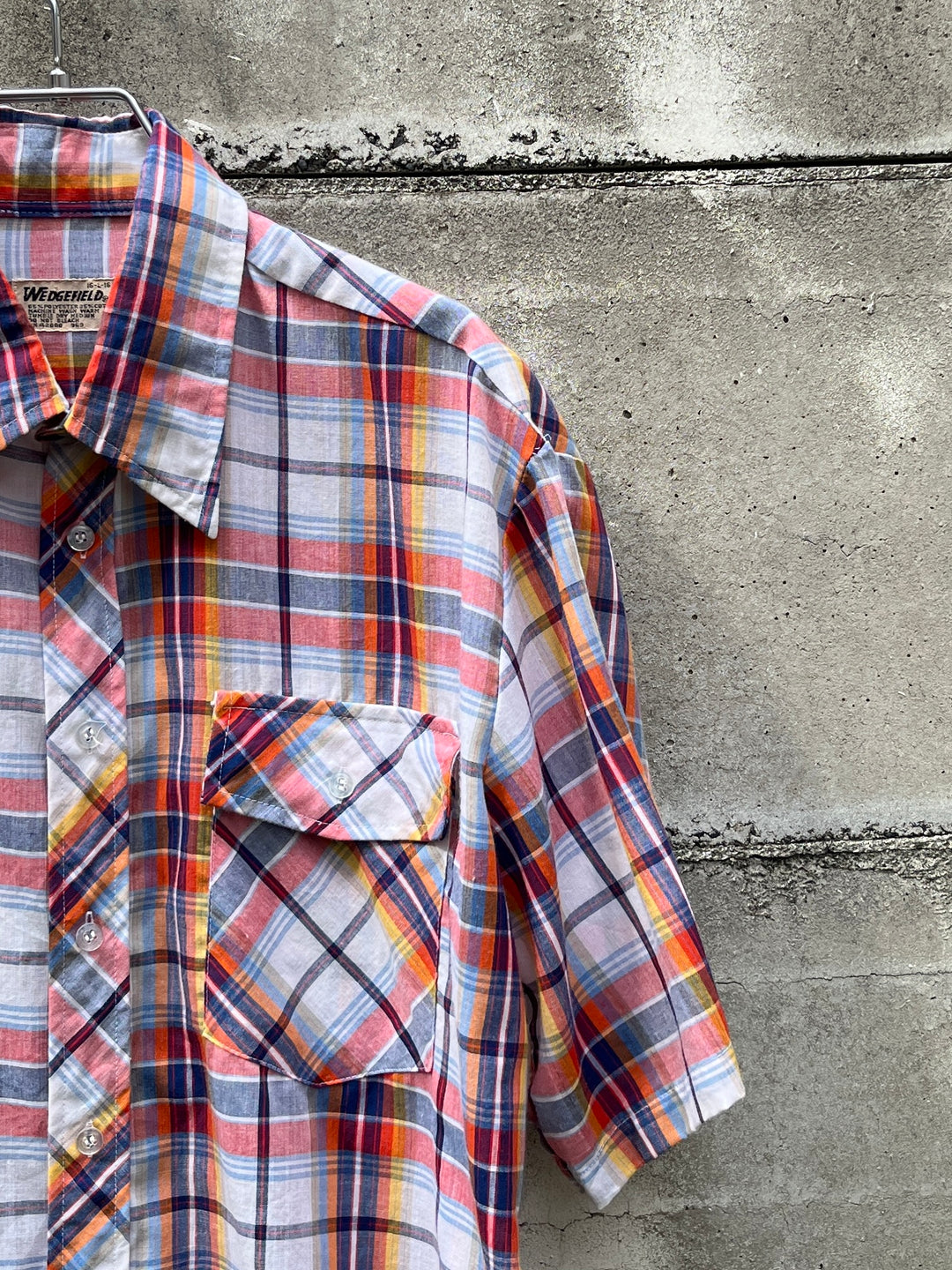 1980-90s red × orange × blue madras checkered s/s shirt