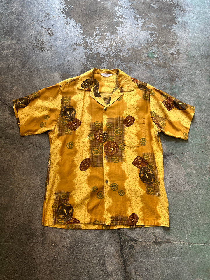 1960-70s all-over pattern s/s open collar shirt