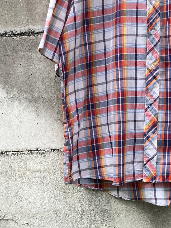 1980-90s red × orange × blue madras checkered s/s shirt