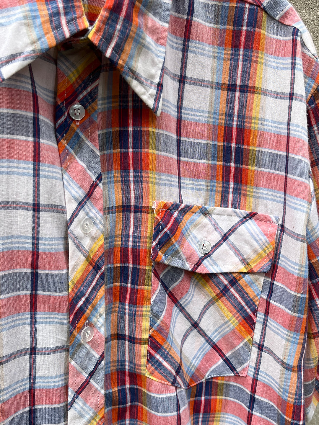 1980-90s red × orange × blue madras checkered s/s shirt