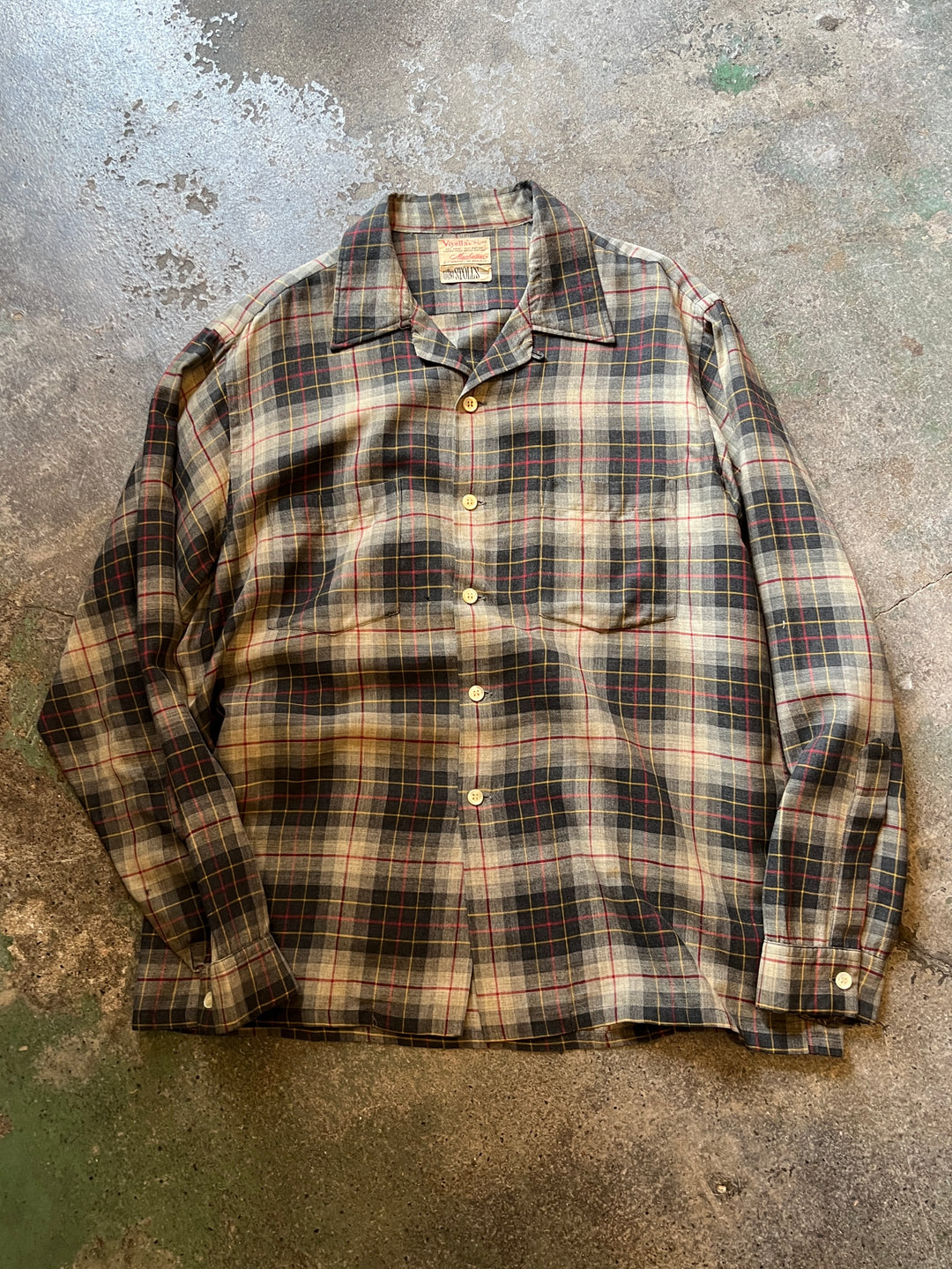 1960s "Manhattan" wool brend check open collar shirt