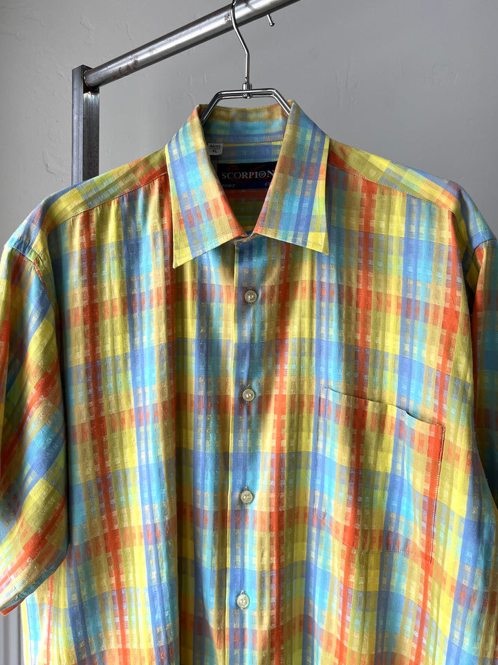 1990-00s bright color madras check s/s shirt