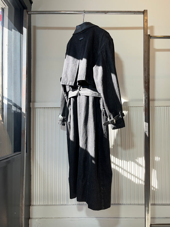 1990s black denim x leather hybrid design coat