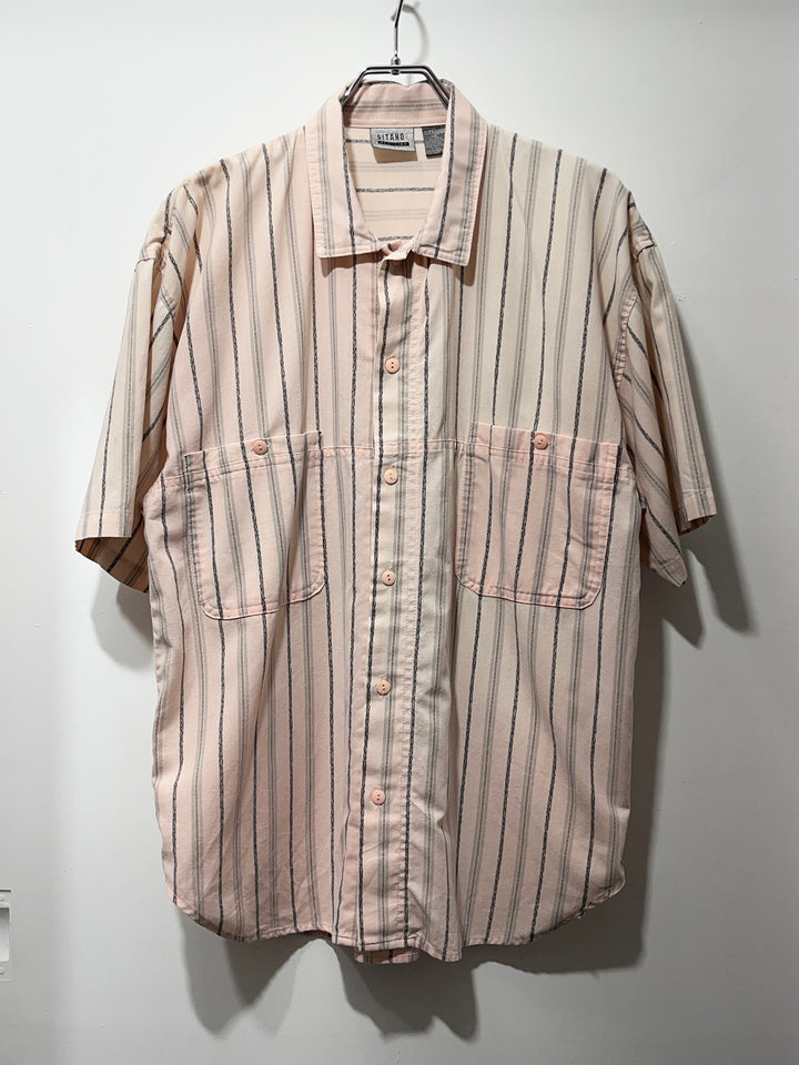 1990s pink × gray stripes s/s shirt