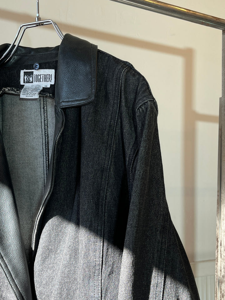 1990s black denim x leather hybrid design coat