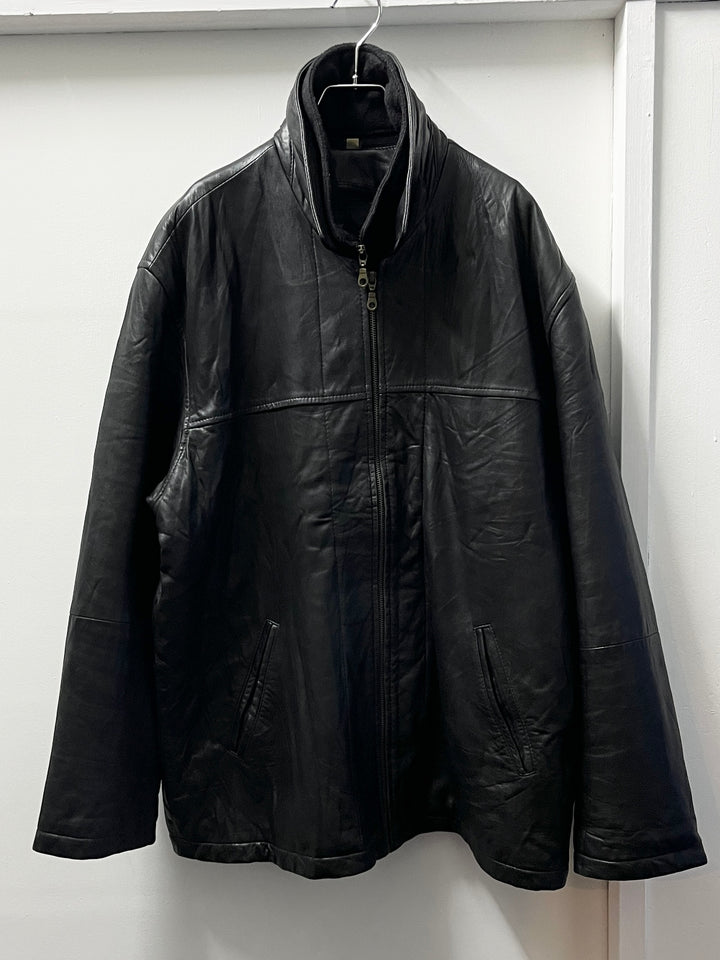 fleece collar black leather jacket