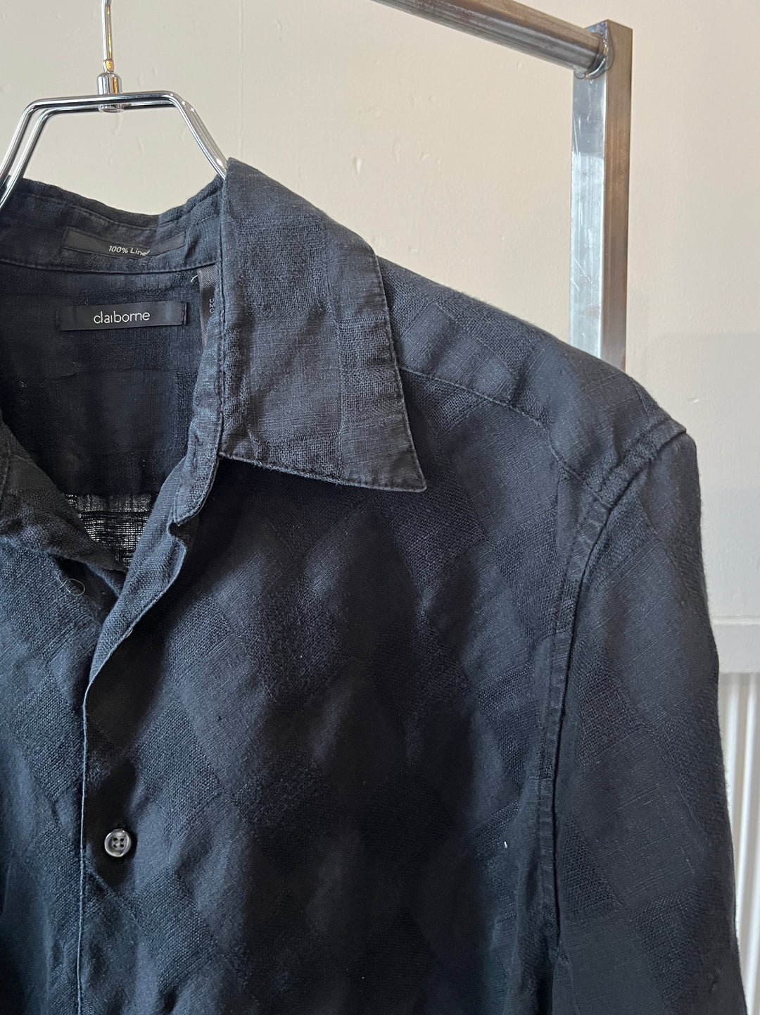 1990s black checkered pattern s/s linen shirt
