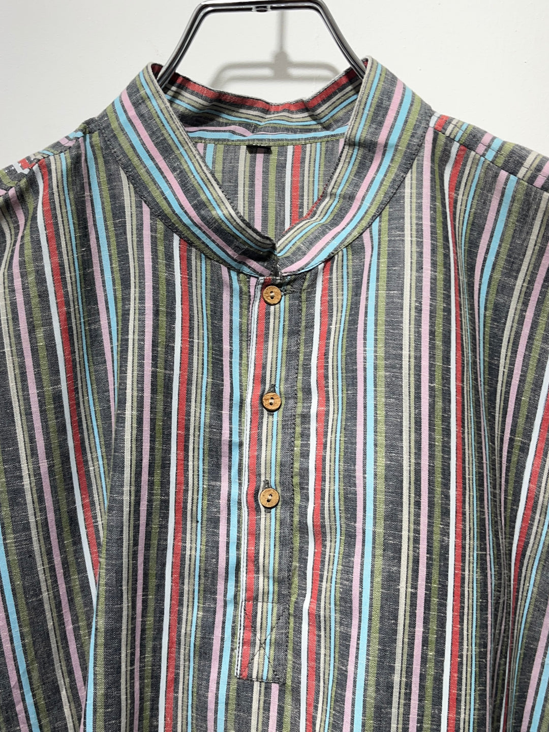 1990s multi stripe band-collar pullover shirt