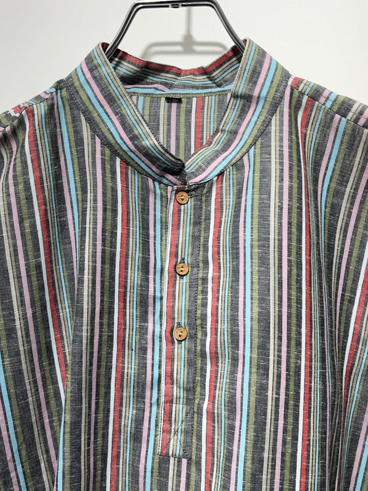 1990s multi stripe band-collar pullover shirt