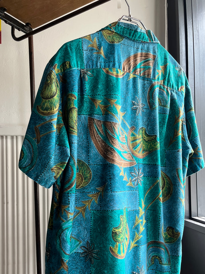 1960-70s all-over pattern s/s open collar shirt