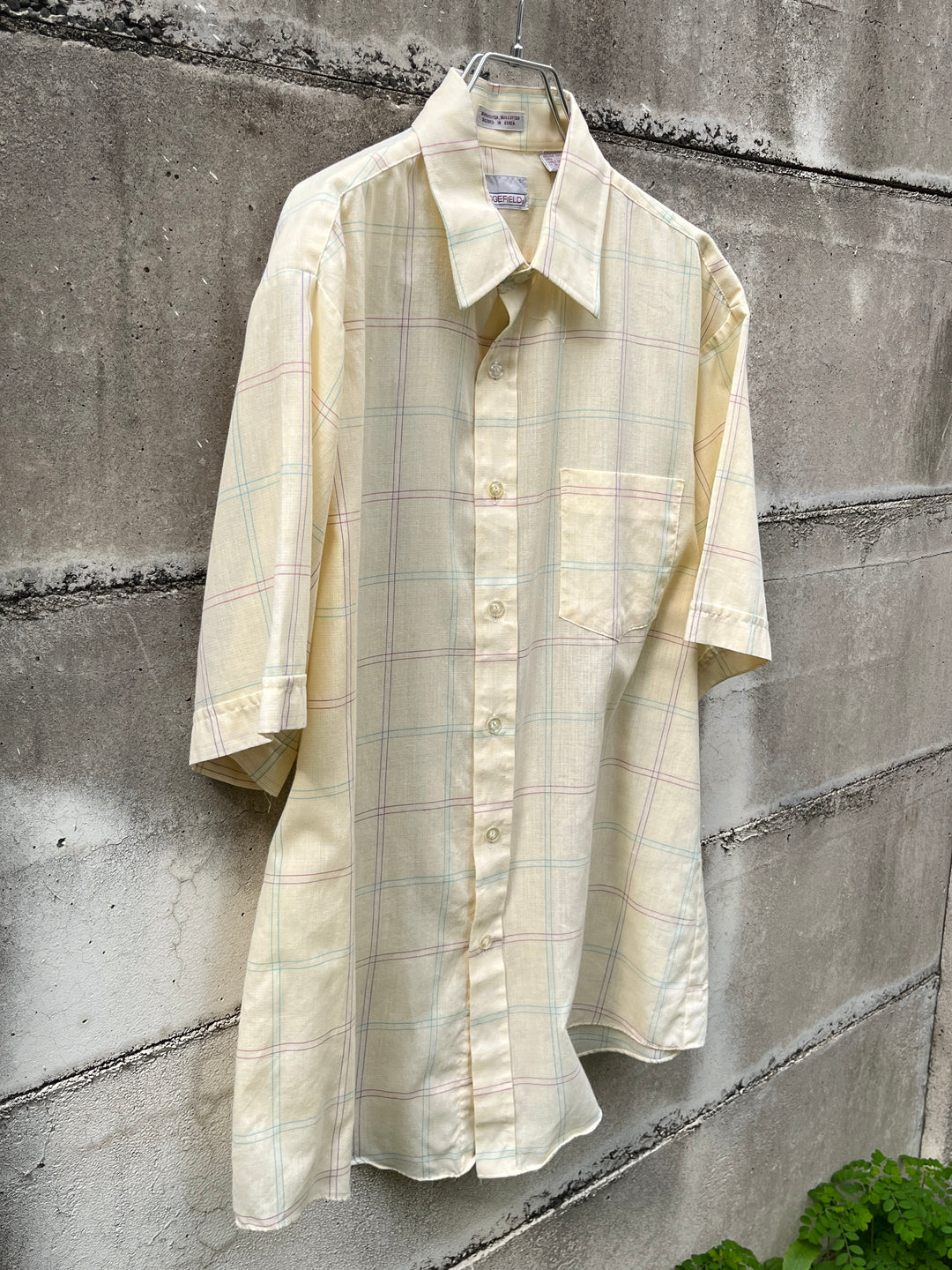 1980-90s pale yellow checkered s/s shirt