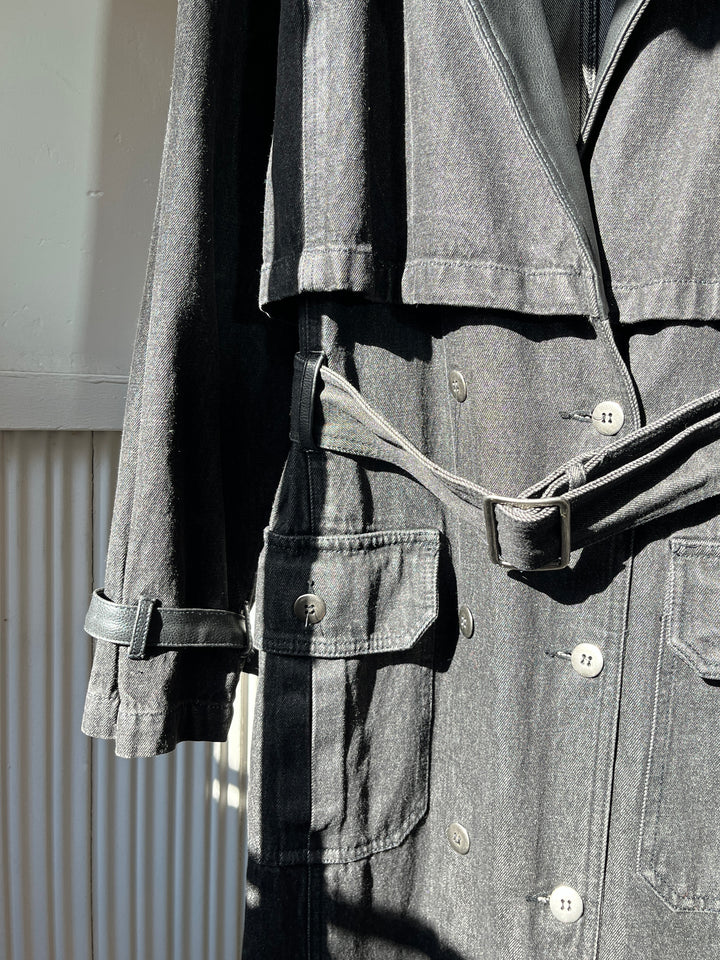 1990s black denim x leather hybrid design coat