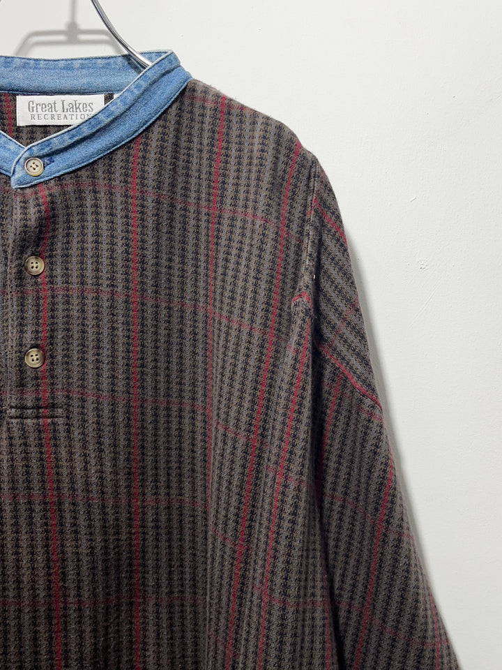 1990s houndstooth band collar pullover shirt