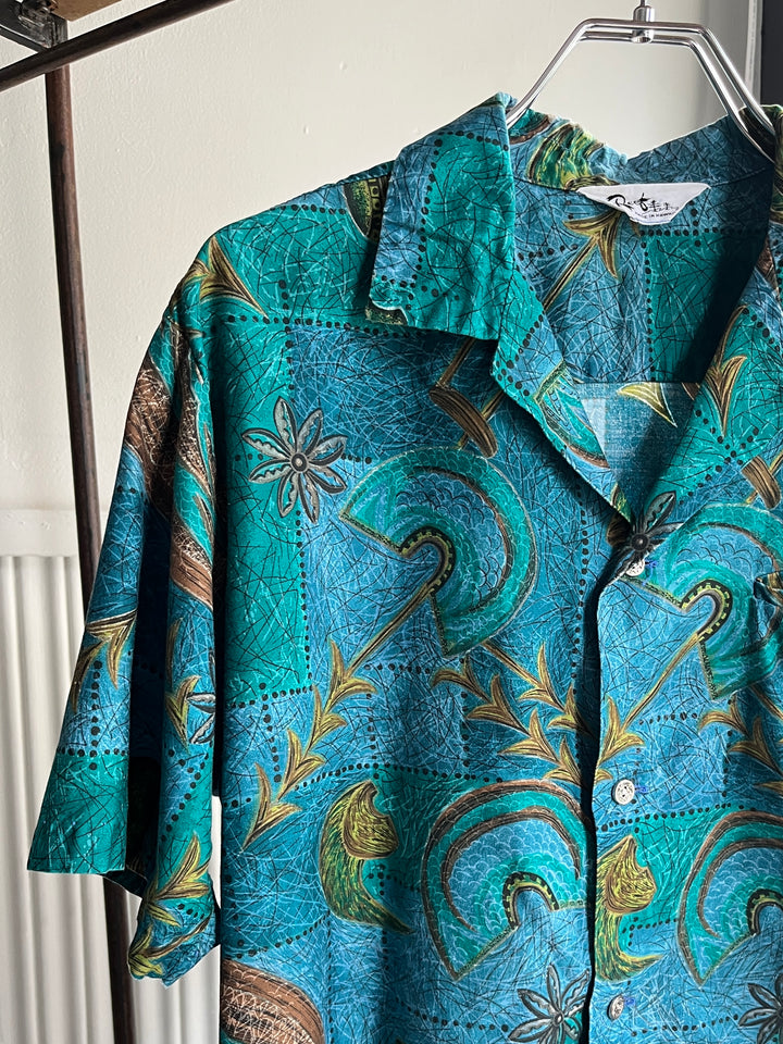 1960-70s all-over pattern s/s open collar shirt
