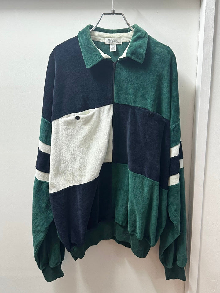 1980-90s green × black × white half zip velour tops