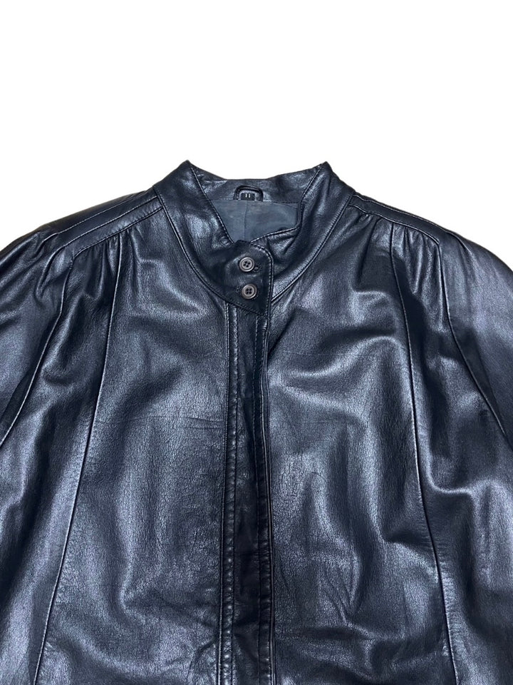 black stand-collar leather coat