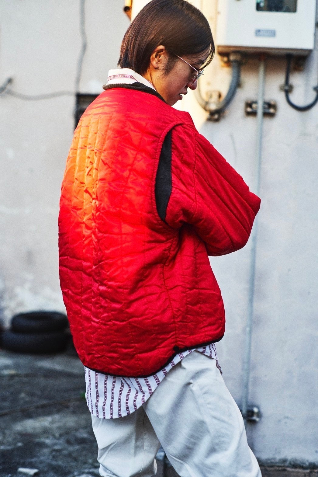 red × black quilted jacket