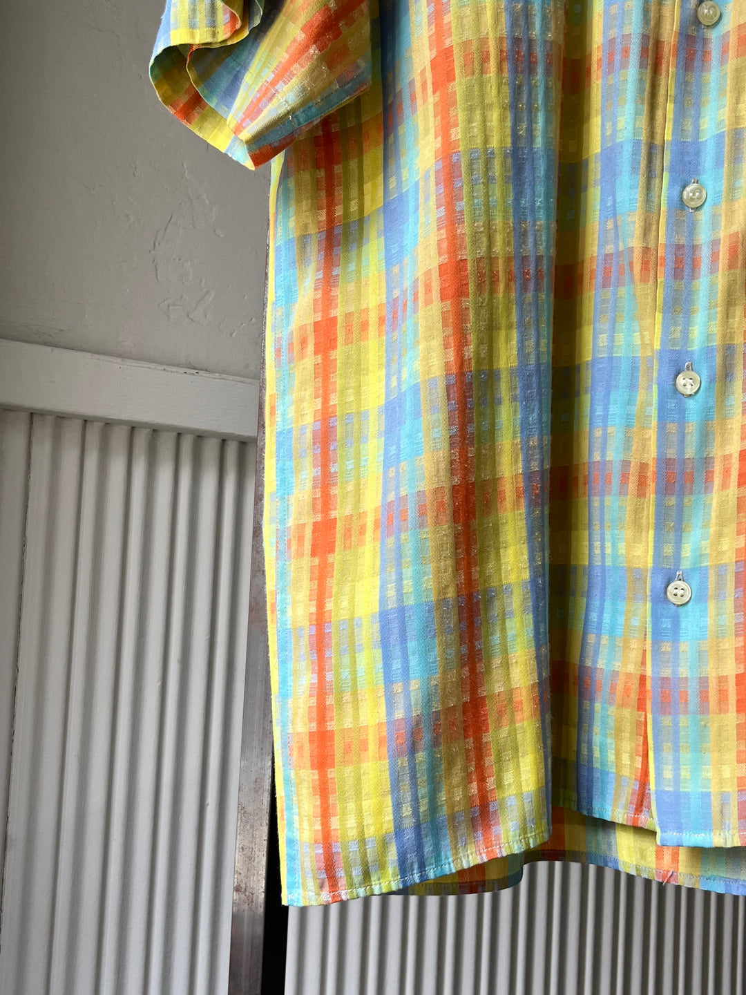 1990-00s bright color madras check s/s shirt