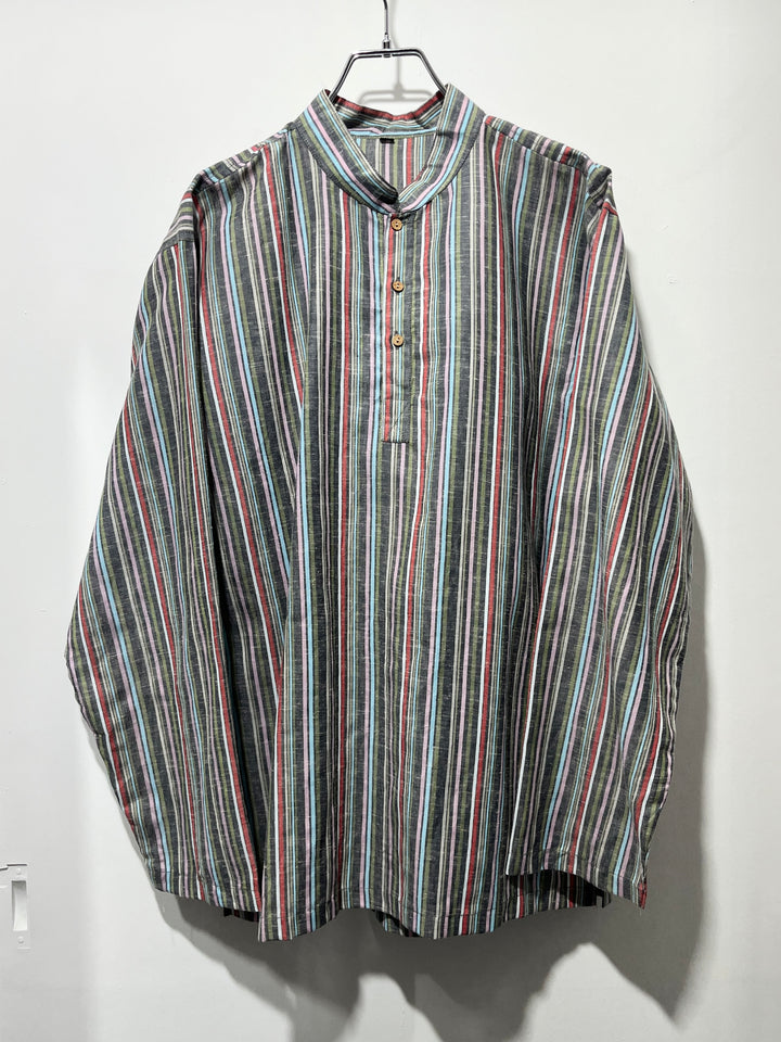 1990s multi stripe band-collar pullover shirt