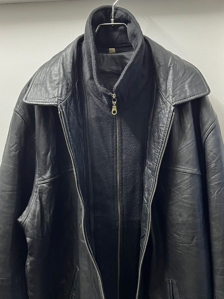 fleece collar black leather jacket