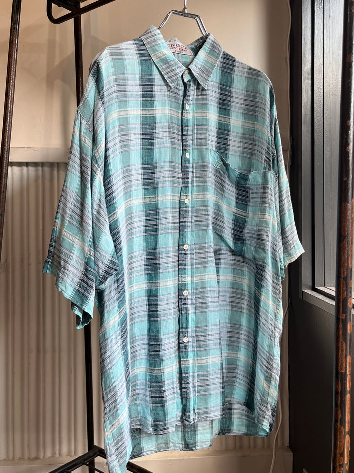 1970-80s "GIVENCHY" turquoise check linen s/s shirt
