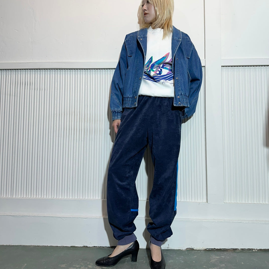 1980s "adidas" navy × blue velour track pants