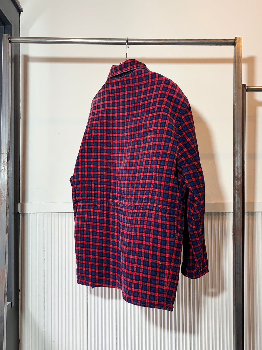 1980s red × navy check corduroy quilted zip jacket