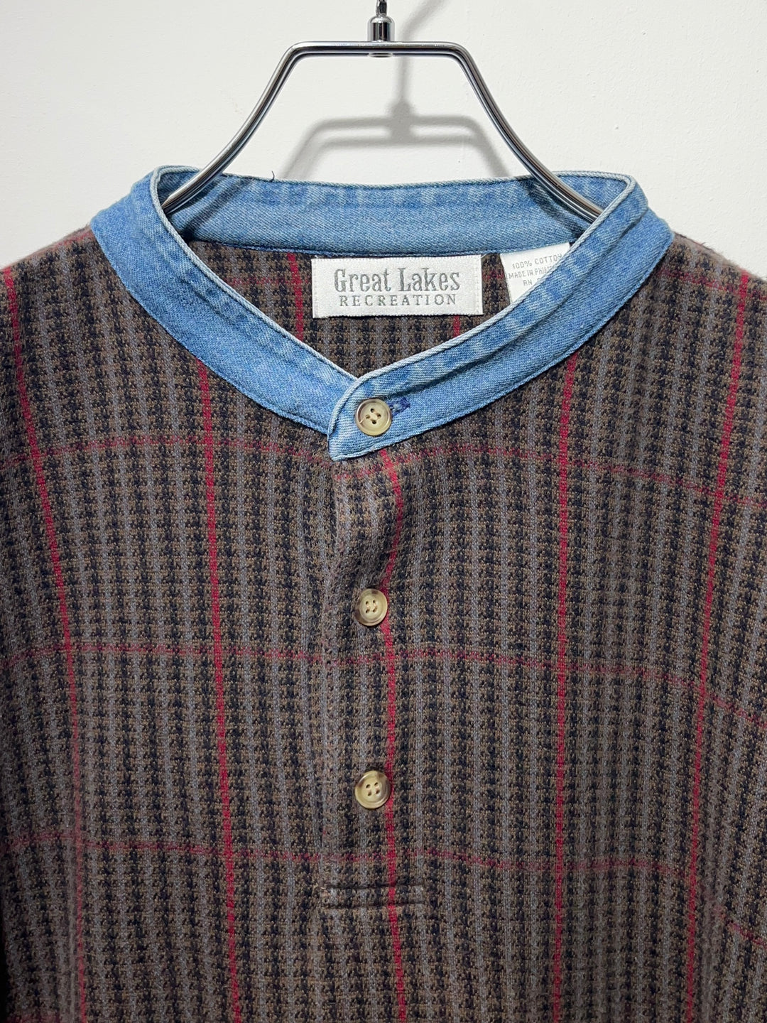 1990s houndstooth band collar pullover shirt