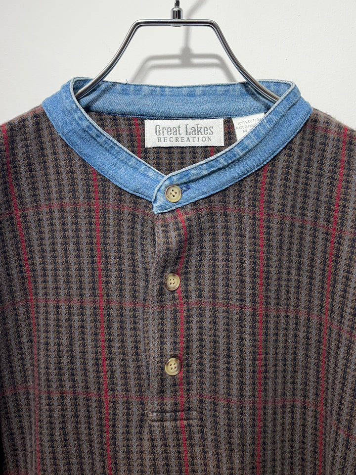 1990s houndstooth band collar pullover shirt