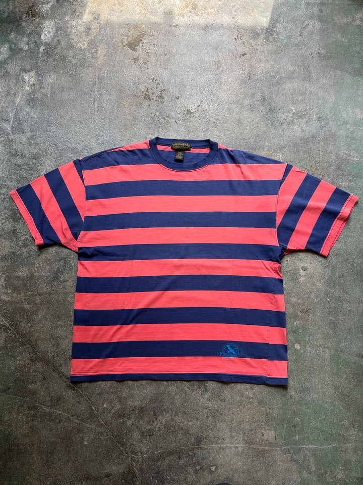 1990s USA made "Eddie Bauer" red × navy wide striped T-shirt