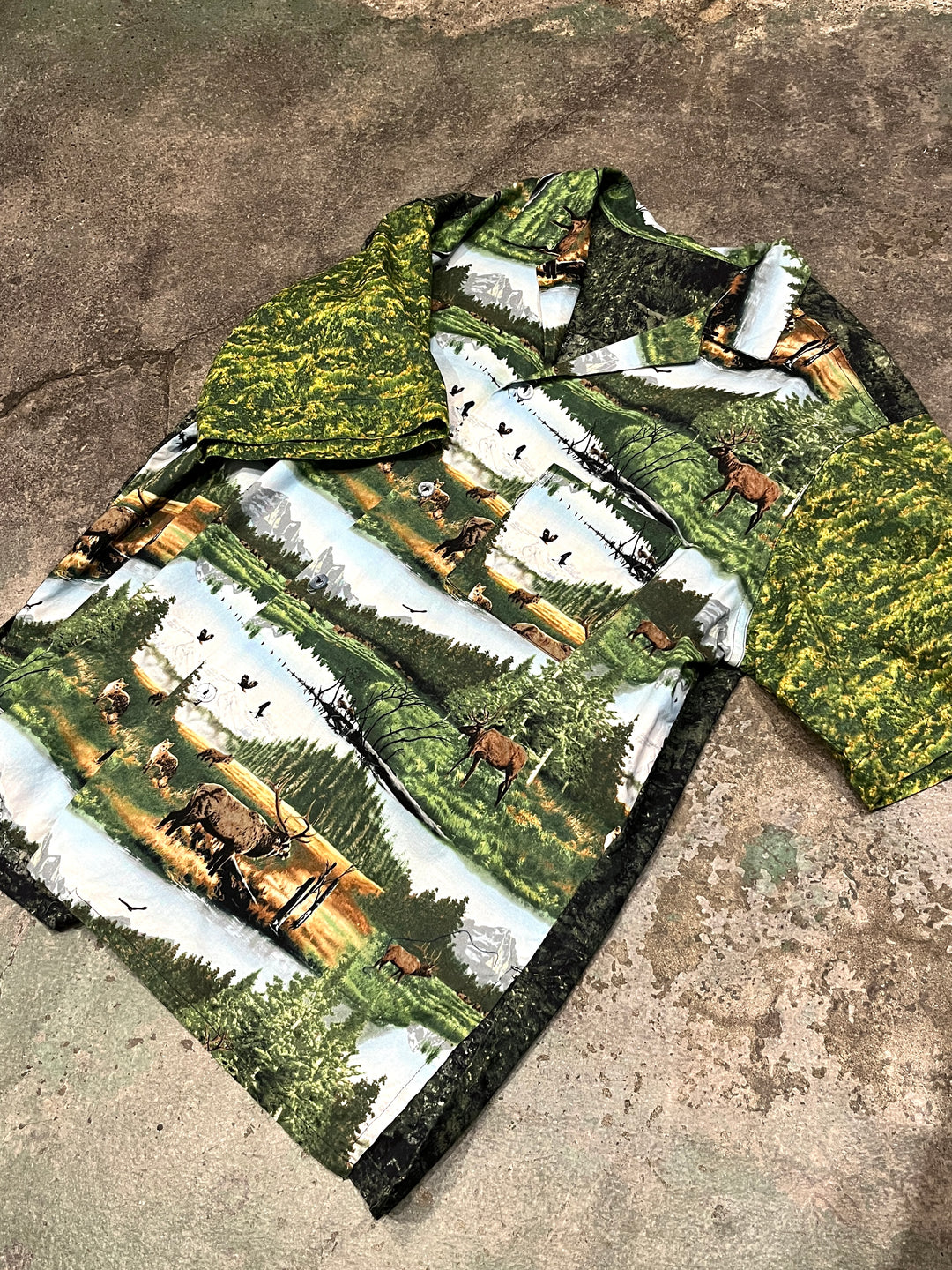 1980-90s wilderness all-over pattern open collar shirt